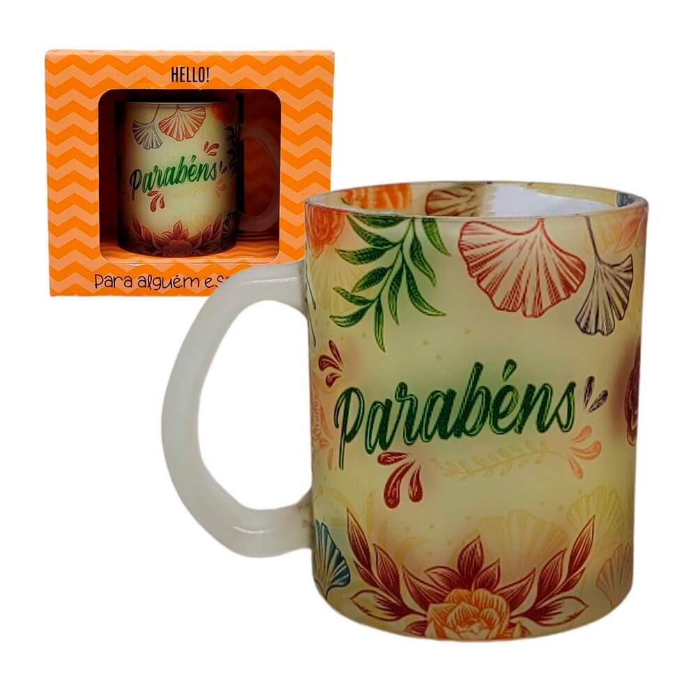 CANECA GM VIDRO PARABENS 330ML EF29-1 CANECA VIDRO PARABENS 330ML EF29-1, CANECA PARABENS, CANECA FLORIDA, CANECA PRESENTE, CANECA DE VIDRO, CANECA HELLO, CANECA Cozinha