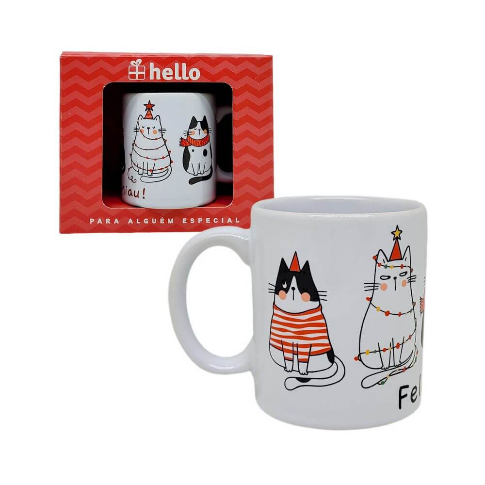 CANECA GM NATAL FELIZ MIAU 330ML EF33-1 CANECA FELIZ MIAU 330ML EF33-1, CANECA NATAL, CANECA FELIZ MIAU, CANECA PRESENTE, CANECA DE CERAMICA, CANECA HELLO, CANECA, CANECA GATOS, CANECA NATAL GATOS, NATAL Cozinha