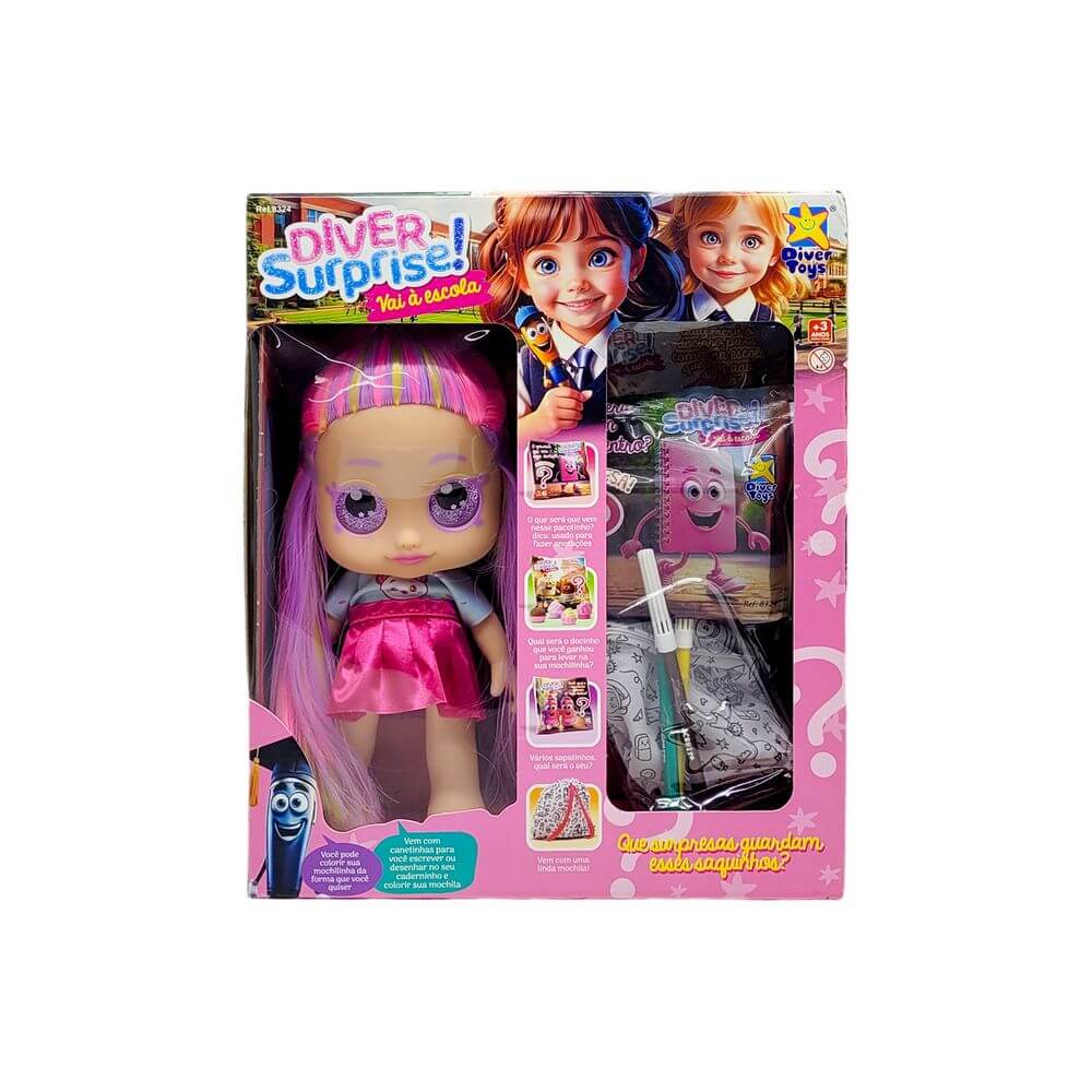 BONECA DIVER SURPRISE VAI A ESCOLA 36CM 8324 BONECA SURPRISE VAI A ESCOLA 8324, BONECA, BONECA SURPRISE, BONECA VAI A ESCOLA, DIVER SURPRISE, BRINQUEDOS Brinquedos