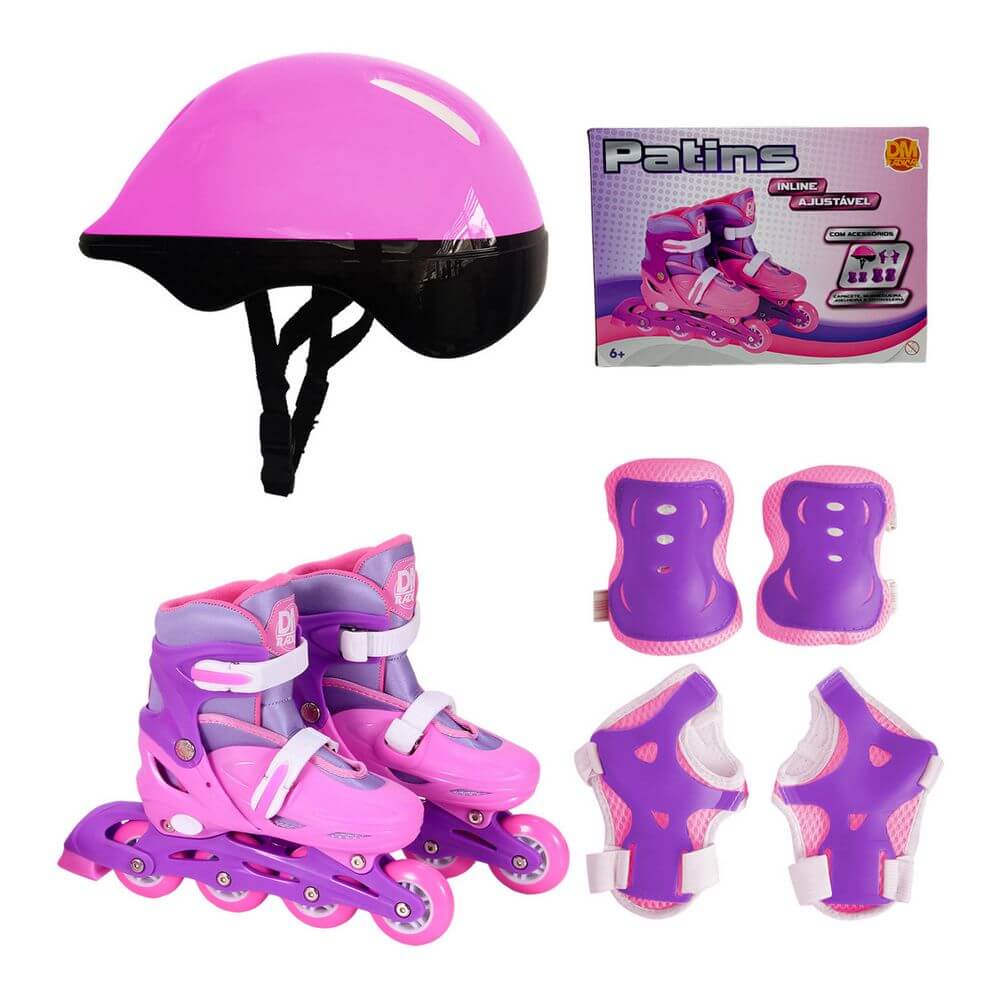 PATINS INLINE 4 RODAS AJUSTAVEL 34/37 DMR6541 PATINS ROSA C/ ACESSORIOS DMR6541, PATINS, PATINS ROSA, PATINS COM ACESSORIOS, CAPACETE, MUNHEQUEIRA, JOELHEIRA, COTOVELEIRA, CONJUNTO PATINS, BRINQUEDOS Brinquedos