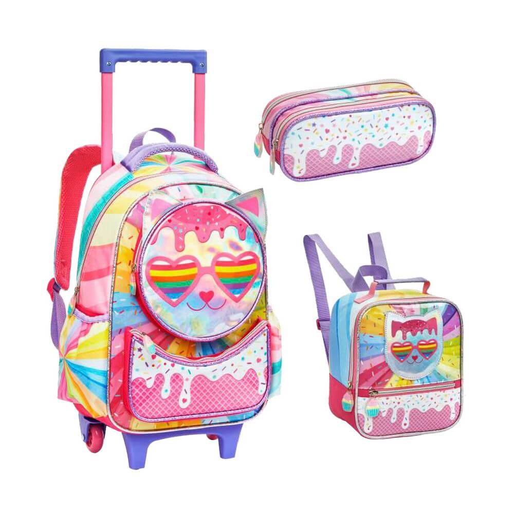 KIT MOCHILA FEM. CANDY CAT 3PCS DL1704 KIT MOCHILA CANDY CAT 3PCS DL1704, MOCHILA, MOCHILA INFANTIL, MOCHILA COM RODAS, KIT MOCHILA, MOCHILA CANDY CAT, LANCHEIRA, ESTOJO, ESCOLA Material Escolar e Papelaria